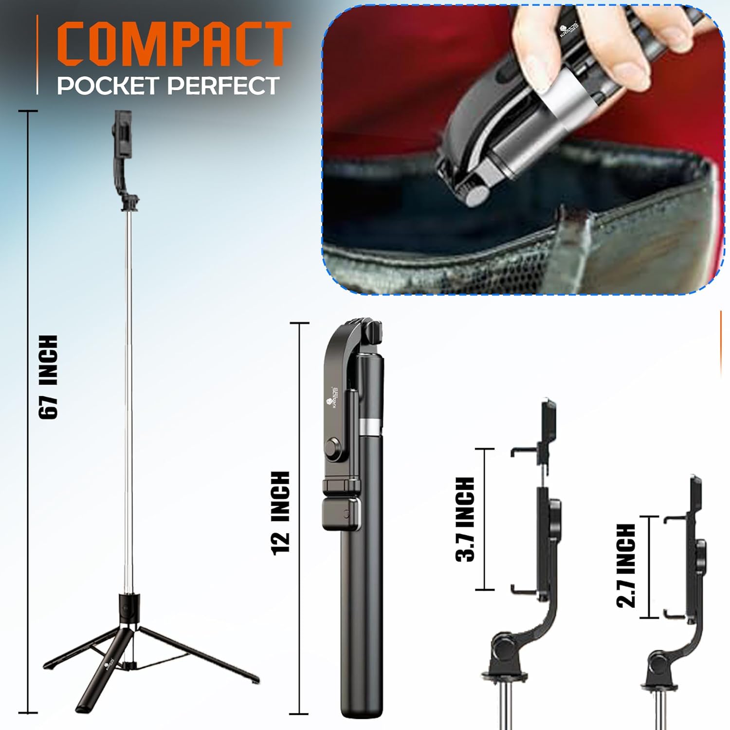 K9 Selfie Stick Tripod With Light, 67 inch